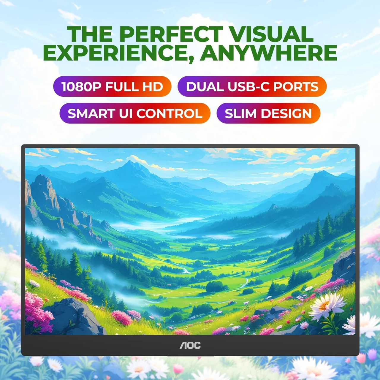 AOC 16T20: vista frontal con ilustración de paisaje y características destacadas por el fabricante
