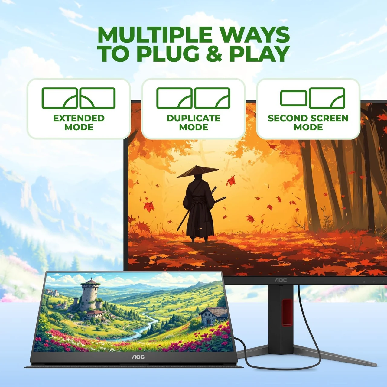 AOC 16T20 conectado a una pantalla de escritorio; ilustración de los modos extendido, duplicado y segunda pantalla