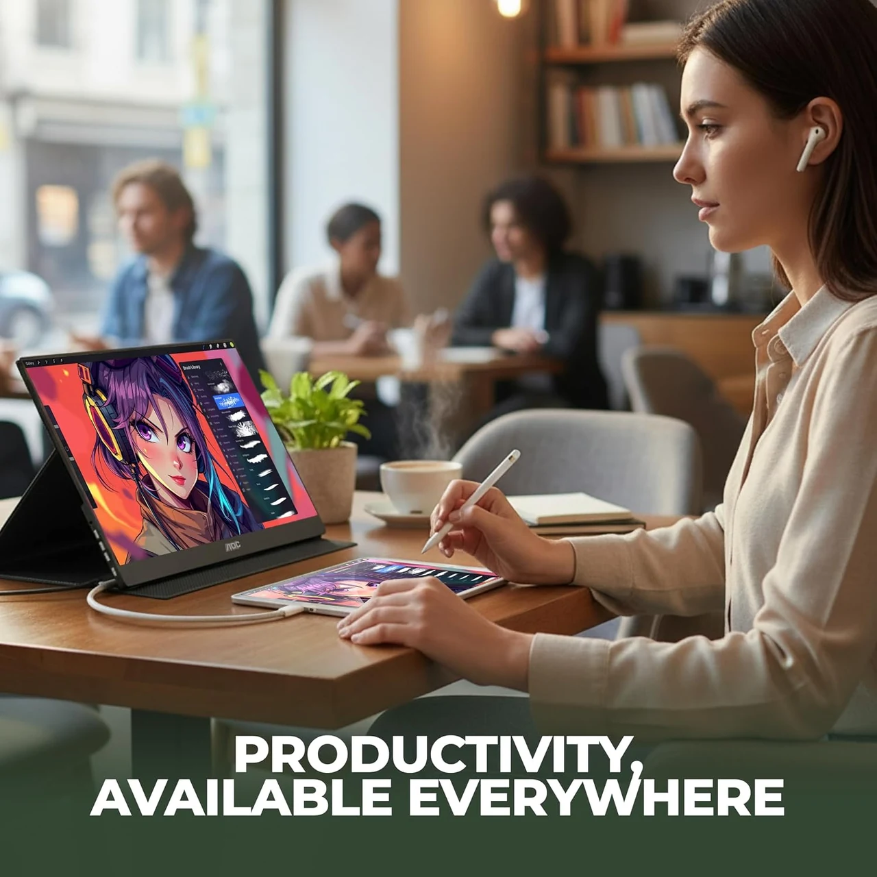 Imagen referencial de uso del AOC 16T20 junto a una laptop en una mesa de trabajo