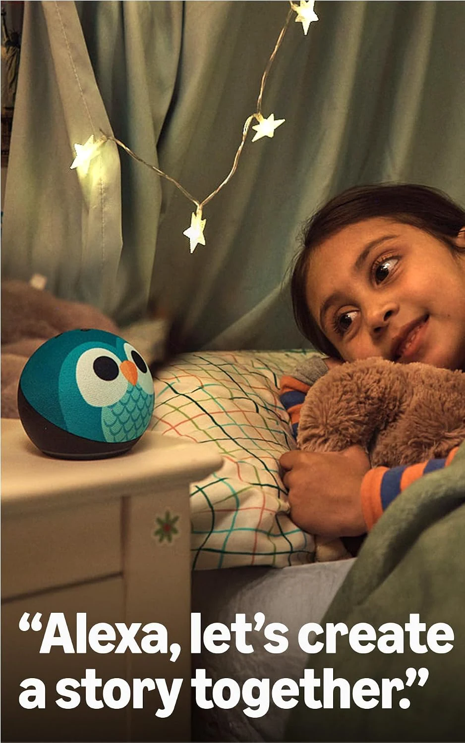 Echo Dot Kids · Dragón: funciones de la familia Echo Kids: creación de historias, con diseño búho en la foto