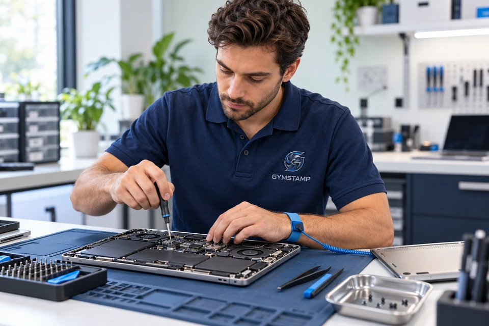 Imagen referencial de un técnico de laptops de unos 30 años con polo GYMSTAMP trabajando en una laptop
